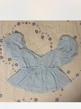 Light Blue Puff Sleeve Peplum Top - Women